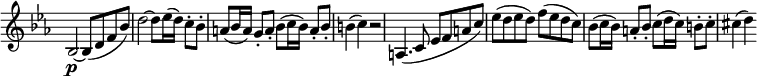 
\relative c' \new Staff \with { \remove "Time_signature_engraver" } {
 \key es \major \time 4/4 \set Score.tempoHideNote = ##t \tempo "" 4=144
 \override Score.NonMusicalPaperColumn #'line-break-permission = ##f
 bes2\p ~ bes8( d f bes) d2~ d8 es16( d) c8-. bes-.
 a( bes16 a) g8-. a-. bes( c16 bes) a8-. bes-. b4( c4) r2
 a,4.( c8 es f a c) es( d es d) f( es d c)
 bes( c16 bes) a8-. bes-. c( d16 c) b8-. c-. cis4( d)
}
