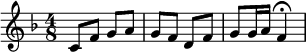 \relative c' {\time 4/8 \key f \major c8 f g a g f d f g g16 a f4\fermata}