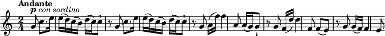 
\relative c' {
 \key c \major
 \time 2/4 
 \tempo "Andante"
 \partial 4. g'8^\markup { \dynamic p  \hspace #0.1  \italic { con sordino } }
   c8. e16 e (d) c (b)
   d (c) c8-! r8 g8
   c8. e16 e (d) c (b)
   d (c) c8-! r8 g8
   a16 (f') f4 a,8
   a16 (g) g8-! r8 g
   f16 (d') d4 f,8
   f (e) r8 g
   g16 (f) f4 e8
}
