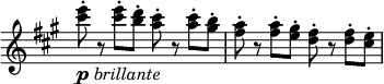 
\relative c''' \new Staff \with { \remove "Time_signature_engraver" } { \key a \major \time 2/2 \set Score.tempoHideNote = ##t \tempo "" 4=165
 <e cis>8-._\markup { \dynamic p \italic brillante } r q-. <d b>-. <cis a>-. r q-. <b gis>-.
 <a fis>-. r q-. <gis e>-. <fis d>-. r q-. <e cis>-.
}
