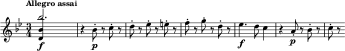 
\relative c''' {
  \tempo "Allegro assai"
  \key bes \major
  \time 3/4
  \tempo 4 = 100
  <<
    { bes2.\f | } \\
    { \stemUp <bes, d,>4 s2 | }
  >>
  r4 bes8-.\p r c-. r |
  d8-. r es-. r e-. r |
  f8-. r g-. r d-. r |
  es4.\f d8 c4 |
  r4 a8-.\p r bes-. r |
  c8-. r
}
