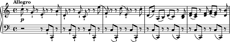 
 \relative c' {
  \new PianoStaff <<
   \new Staff { \key c \major \time 4/4 \tempo "Allegro"
    {
    c'8-! r g-! r e-! r r a-! d,-! r r g-! c,-! r r e' (f,)-! r r d' (e,)-! r r c'-. d, [(a')] a, [(b)] d (c) r <d b> <f d> (<e c>) r <d f> <a' f> (<g e>) r <d b'>
    }
   }
   \new Dynamics {
    s1\p
   }
   \new Staff { \key c \major \time 4/4 \clef bass
    r2 r8 c,-! c,-! r r c'-! c,-! r r c'-! c,-! r r c' (c,)-! r r c' (c,)-! r r c' (c,) r r c' (c,) r r c' (c,) r r c' (c,) r
     }
     >>
    }
