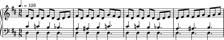 \new PianoStaff << 
\new Staff { \time 9/8 \key d \major \clef treble \relative c' {
  fis8[ d] fis[ d] fis[ d] cis d e
  fis8[ d] fis[ d] fis[ d] g fis e
  fis8[ d] fis[ d] fis[ d] cis d e
  d e fis e fis g fis g a
} }
\new Staff { \tempo 4. = 126 \clef bass \key d \major \relative c' {
<<
  { cis4 c b bes4. a4 ais b c4. cis4 c b bes4. a ais b }
  \\
  { d,4 4 4 4. 4 4 4 4. 4 4 4 4. 4. 4. 4. }
>>
} }
>>