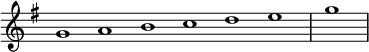 
\relative c'' {  
   \new Staff \with { \remove "Time_signature_engraver" }  
   { \key g \major  \time 1/1 \cadenzaOn g1 a b c d e \bar "|" g \bar"|" }
   }
