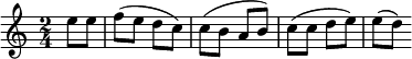 \relative c'' { \time 2/4 \partial 4 e8 e f( e d c) c( b a b) c( c d e) e( d) }