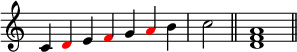 
{
\override Score.TimeSignature #'stencil = ##f
\relative c' { 
  \clef treble 
  \time 7/4 c4 \once \override NoteHead.color = #red d e \once \override NoteHead.color = #red f g \once \override NoteHead.color = #red a b  \time 2/4 c2 \bar "||"
  \time 4/4 <d, f a>1 \bar "||"
} }
