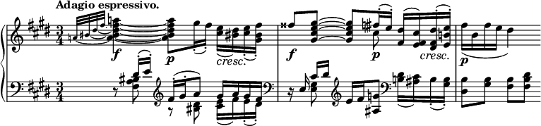 
 \relative c' {
  \new PianoStaff <<
   \new Staff { \key e \major \time 3/4 \tempo "Adagio espressivo."
    <<
     {
      s2. fisis'8\f <gis~ e~ cis~ gis~> <gis e cis gis> fis16-.\p( e-.)
      <dis fis,>16( << <cis fis, e>) { s32 s32\cresc } >> <dis fis, dis>16-.\! ( <e b! e,>-.) s2
     }
    \\
     {
      \set tieWaitForNote = ##t
      \grace { \stemUp a,!32~[ bis~ dis~ fis~] } \stemNeutral <a!~ fis~ dis~ bis~ a~>4\f <a fis dis bis a>8\p
      gis16-.( fis-.) <e cis>\cresc( <dis bis!>\!) <e cis>-.( <fis bis, gis>-.) s4. cis8 s4 fis16\p( b, fis' e dis4)
     }
    >>
   }
   \new Staff { \key e \major \time 3/4 \clef bass
    <<
     {
      \grace s8 d,,8\rest \stemUp dis'16-.^\( e-.\) \clef treble fis-.( gis-. a8) gis16 a gis fis \clef bass
      d,16\rest e cis'[ dis] \clef treble e fis <g ais,>8 \clef bass s4 s2
     }
    \\
     {
      s8 <bis, a fis>8 r <dis bis!> <e cis>16( fis) e-.( dis-.)
      s8 <gis, e>8 s4 <dis' b!>16( <cis ais>) b-.( <b gis>-.) <b dis,>8[ <b gis>] <b fis>[ <dis b fis>]
     }
    >>
   }
  >>
 }
