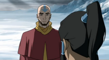 The Avatars standing in line, including Aang, Roku, Kyoshi, Kuruk, and Yangchen, in that order.