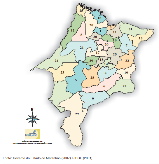 1. Baixada Maranhense 2. Chapada das Mesas 3. Ilha do Maranhão 4.Pré-Amazônia 5. Serras 6. Alpercatas 7. Alto Munim 8. Alto Turi 9. Baixo Balsas 10. Baixo Itapecuru 11. Baixo Munim 12. Baixo Turi 13. Delta do Parnaíba 14. Flores 15. Gurupi 16. Litoral Ocidental 17. Mearim 18. Médio Mearim 19. Médio Parnaíba 20. Pericumã 21. Pindaré 22. Sertão Maranhense 23. Tocantins 24. Carajás 25. Cocais 26. Eixos Rodoferroviários 27. Gerais de Balsas 28. Guajajaras 29. Imigrantes 30. Lagos 31. Lençóis Maranhenses 32. Timbiras