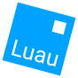 A rotated blue square with a similarly rotated square hole near its top-right as well as similarly rotated text, "Luau", near its bottom.