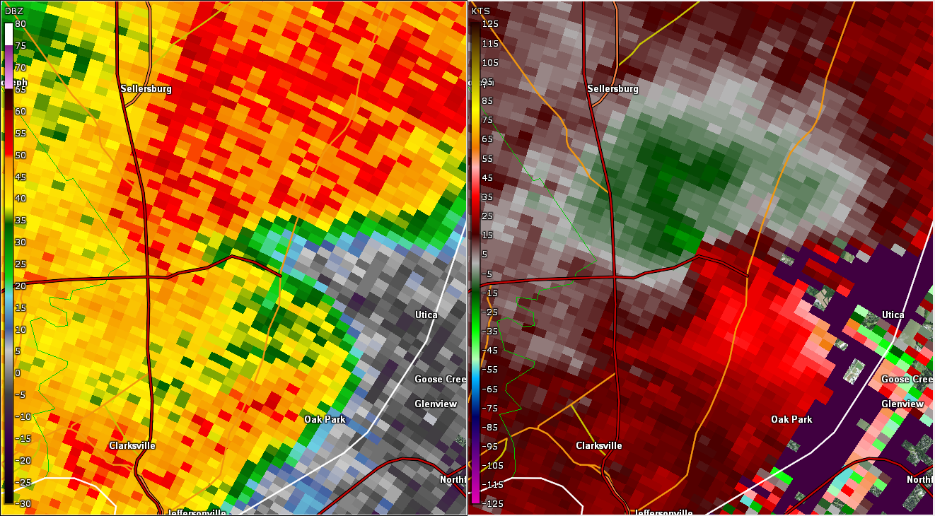 Radar image of the EF2 Prospect tornado before it crossed the Ohio River.