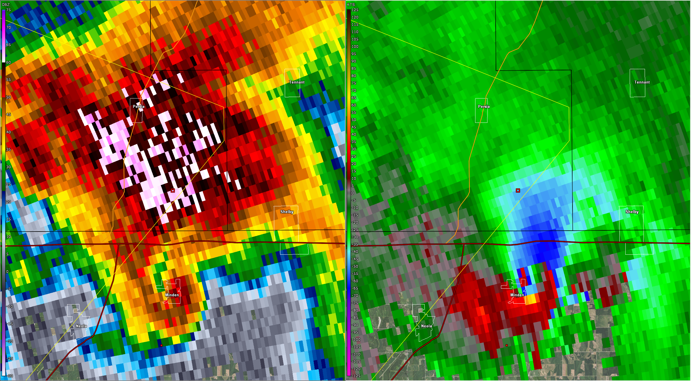 Radar image of the EF3 Minden tornado as it entered the town at peak intensity.