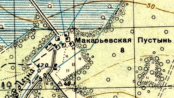 Деревня Макарьевская Пустынь и монастырские постройки на карте 1941 года