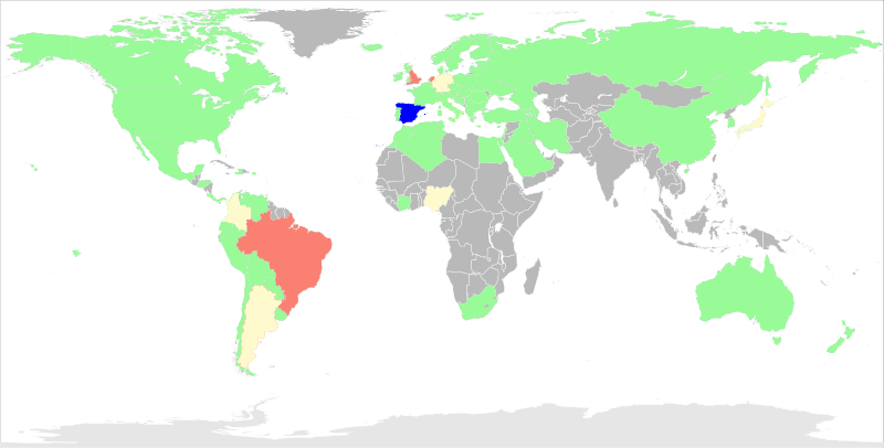 Mapa con el balance de enfrentamientos de España de 1920 a 2024.