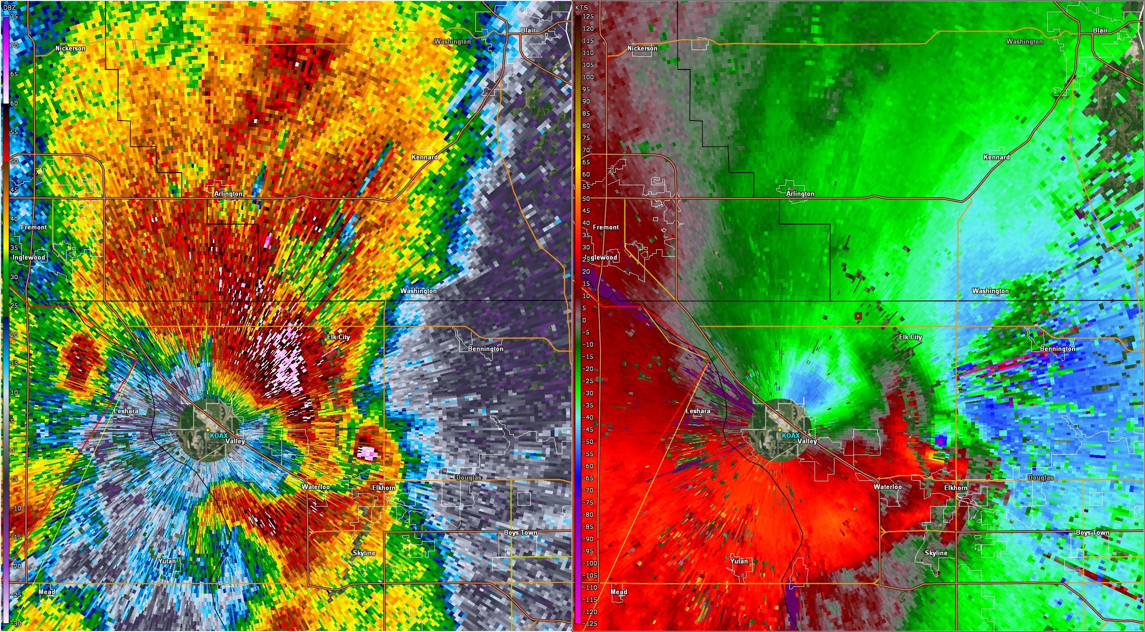 Radar image of the EF3 Elkhorn tornado near its peak intensity on the north side of Elkhorn.