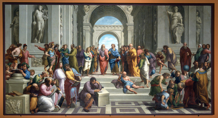 Raphaël, L'École d'Athènes, 1508-1512. Fresque murale représentant les principaux intellectuels de l'Antiquité gréco-romaine. Musées du Vatican.