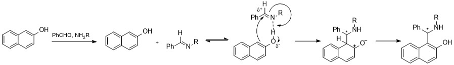 Meccanismo della reazione di Mario Betti tra β-naftolo, benzaldeide e ammoniaca.