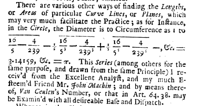 Extrait du Synopsis Palmariorum Matheseos (1706) de William Jones, présentant la série de John Machin.