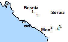 Цифрами обозначены: 1. Травник, 2. Печ, 3. Приштина, 4. Штимле, 5. Сараево