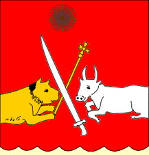 A yellow dog lays next to a white cow. There is a white sword and a yellow stick crossed between them.