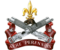 Two crossed machine guns, surmounted by a beaver supporting a fleur-de-lys. Under this is a scroll inscribed with the device Ære perennius meaning 'More lasting than bronze', with a small maple leaf on each end.