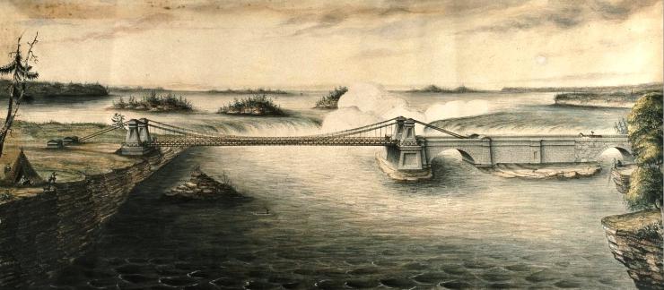 Pont suspendu Union, rivière des Outaouais, Bytown, 1843