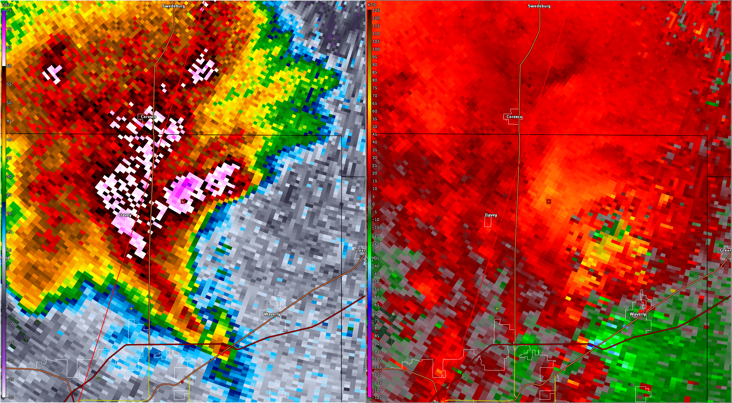 Radar image of the EF3 Lincoln tornado near its peak intensity as it crossed I-80 northeast of Lincoln.