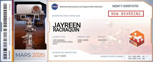 Sample souvenir boarding pass for those who registered their names to be flown aboard the Perseverance rover