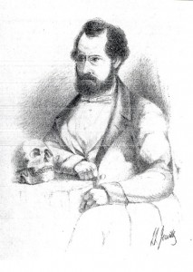 Line drawing of Thomas Bateman, Derbyshire Archaeologist, shown in deep contemplation while seated at a table on which rests an ancient skull. Drawn by his close friend Llewellyn Jewitt, c. 1855.