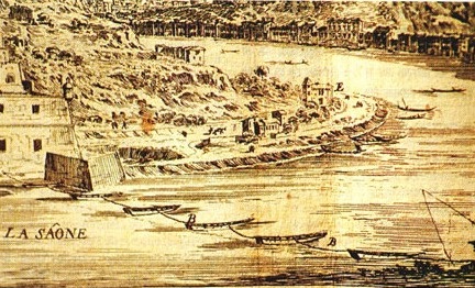 La Veue de Lion descendat par la Saosne, par Israël Silvestre (1649-1650), montrant le fort Saint-Jean à gauche, l'emplacement du futur Grenier d'abondance à sa droite, et des bateaux portant la chaîne de Sainte-Marie-aux-chaînes. Vue des quais de Saône, du fort Saint-Jean, du pont d'Alincourt, du château Pierre-Scize et de la colline de Fourvière, 18è siècle