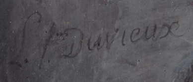 Signature, vers 1794-1798 : L. f. Duvieux pour Landragin femme Duvieux. Le nom Duvieux est clairement lisible.