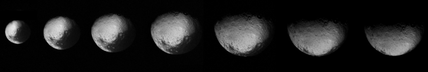 This series of images of Iapetus' north pole by Voyager 2 became the first-ever hints on the existence of the moon's equatorial ridge. The white and grey dots below each images (Iapetus' equator) will later be revealed to be Voyager Montes by Cassini.[10] Taken on August 22, 1981.