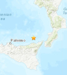 Эпицентр землетрясения на Сицилии 16 августа 2010 года (Снимок USGS)
