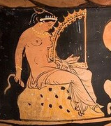 Greek harpist with an angular harp from a red-figure krater from 4th century B.C.E.