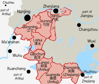 Showing counties or districts taken by the communist forces in Southern Jiangsu and parts of Anhui and Zhejiang in August 1945.