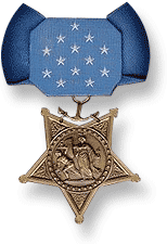Bronze star-shaped medal, hanging point-downward from a blue ribbon with 13 stars on it