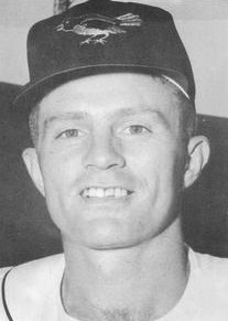 A man in a light baseball uniform and a dark cap with a bird on the center