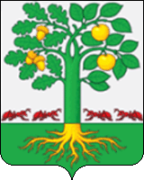 Blason comportant un arbre vert aux racines dorées, mi-chêne, mi-pommier, et quatre fourmis rouges disposées de part et d'autre.