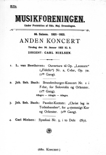 1922年，音乐协会音乐厅音乐会节目单广告海报，包括贝多芬、巴赫以及尼尔森第五交响曲的曲目