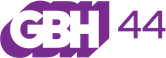 In purple, the letters "GBH" with drop shadows to the lower left and upper right, next to a smaller, thinner "44".