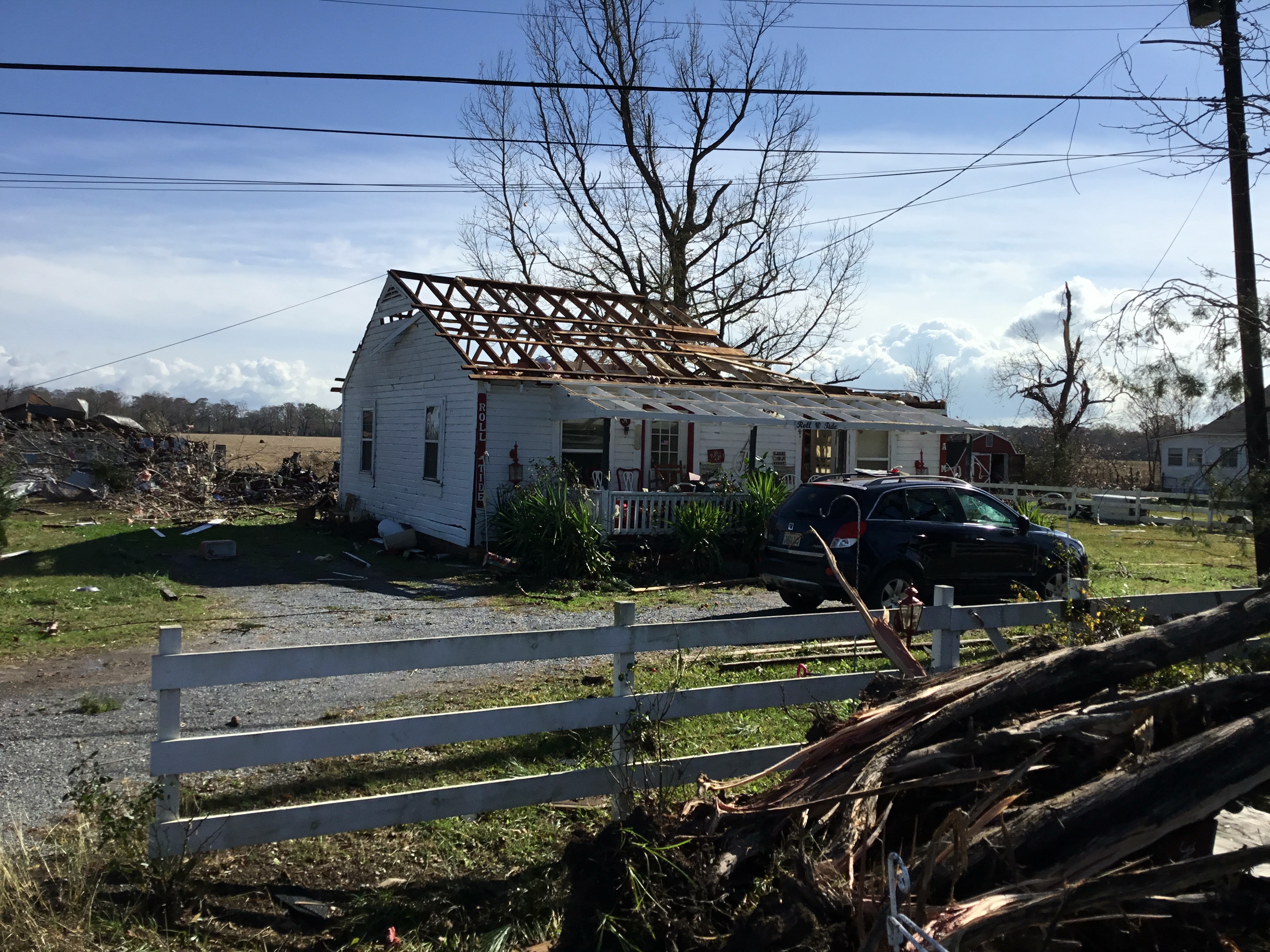 A home that had its roof removed in the northern suburbs of Montgomery, Alabama.