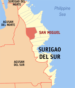 Mapa han Surigao del Sur nga nagpapakita kon hain nahamutang an San Miguel