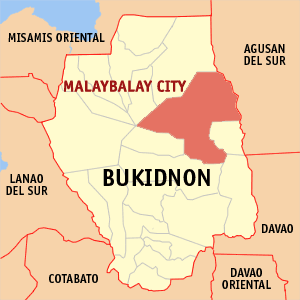 Mapa han Bukidnon nga nagpapakita kon hain an Syudad han Malaybalay