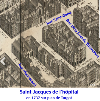 L'hôpital St-Jacques aux pèlerins sur plan de Turgot de 1737