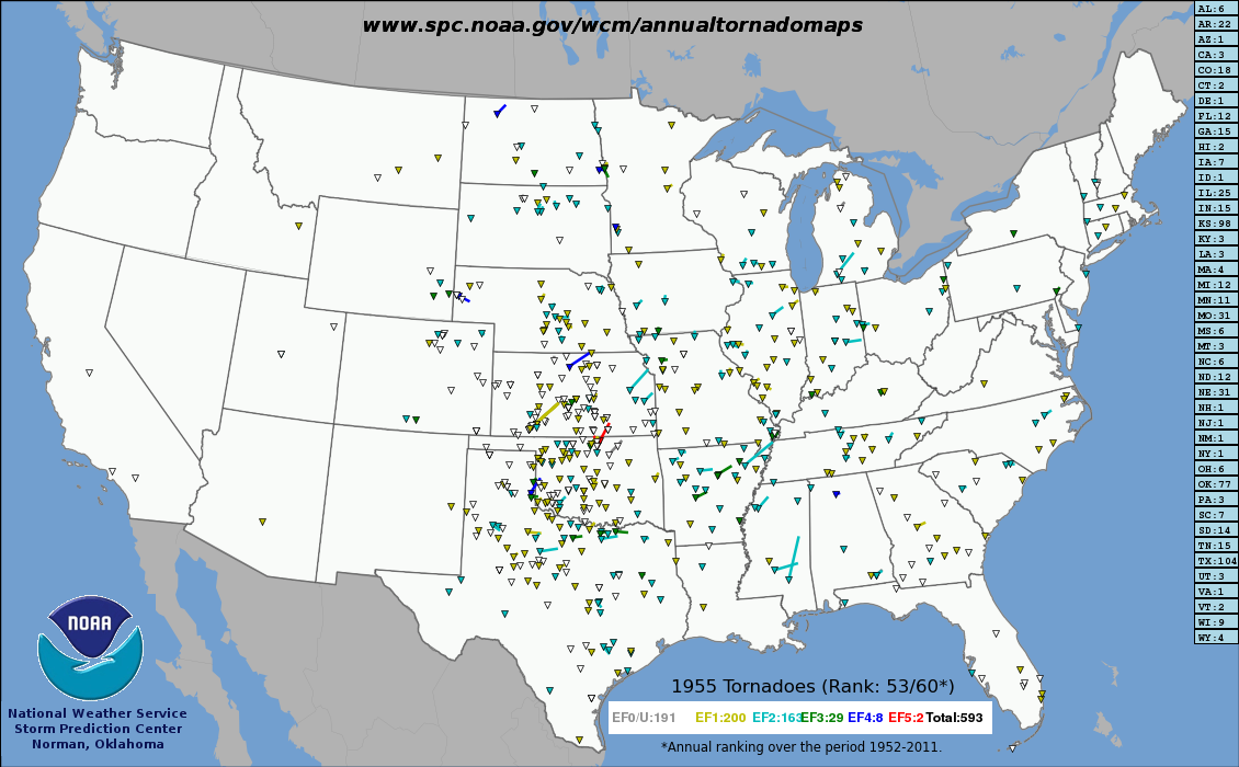 Tornado tracks of 1955.