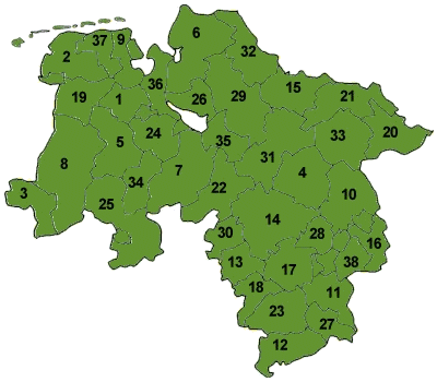 Map of Lower Saxony with the district boundaries