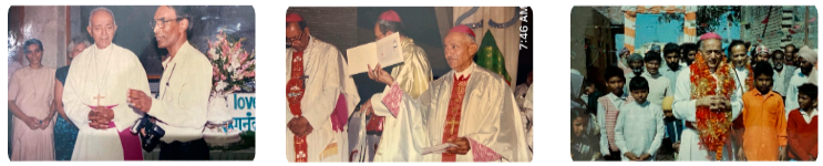 Bishop Rego at Christ the King Cathedra delivering mass, with Fr. Stephen at events, with Fr. Gomes out on mission field visit in India