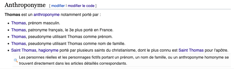 Présentation type des homonymes d'anthroponymes sur la page d'homonymie générale, proposée par le portail de l'anthroponymie