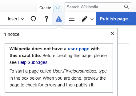 Screenshot of creating User:Firvqipo/sandbox, specifically showing the editnotice about the parent page not existing