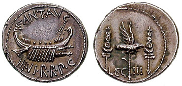 Denarius minted by Mark Antony to pay his legions. On the reverse, the aquila of his Third legion.